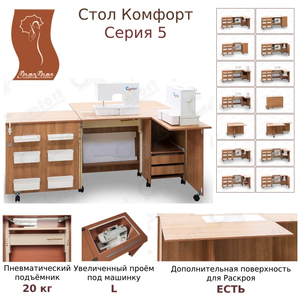 Стол для шитья Комфорт-5XL+ ( с дополнительной поверхностью для раскроя ткани) — изображение из описания модели